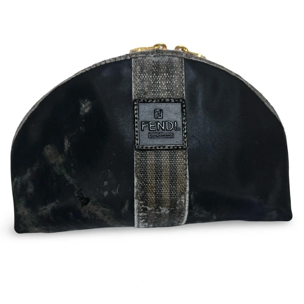 Fendi Pouch Double Zipper Bag Nylon Bag Black Stripe Gold Hardware Clean Inside